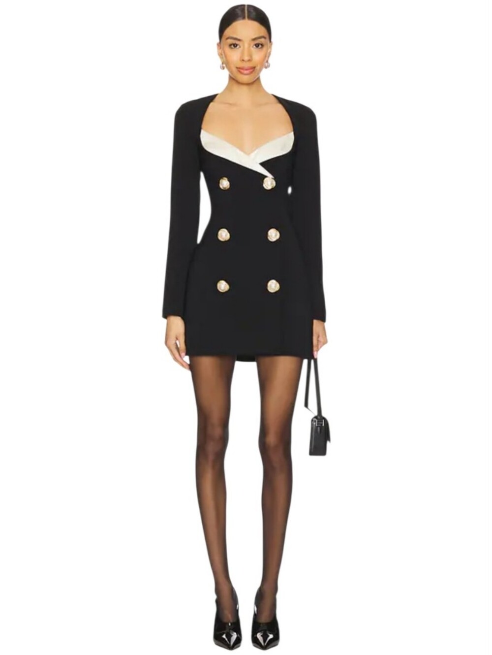 MAJORELLE Black Mini Dress with White Accent and Gold Buttons